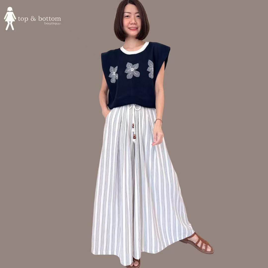 ELASTIC WAISTED LINEN STRIPED LONG PANT