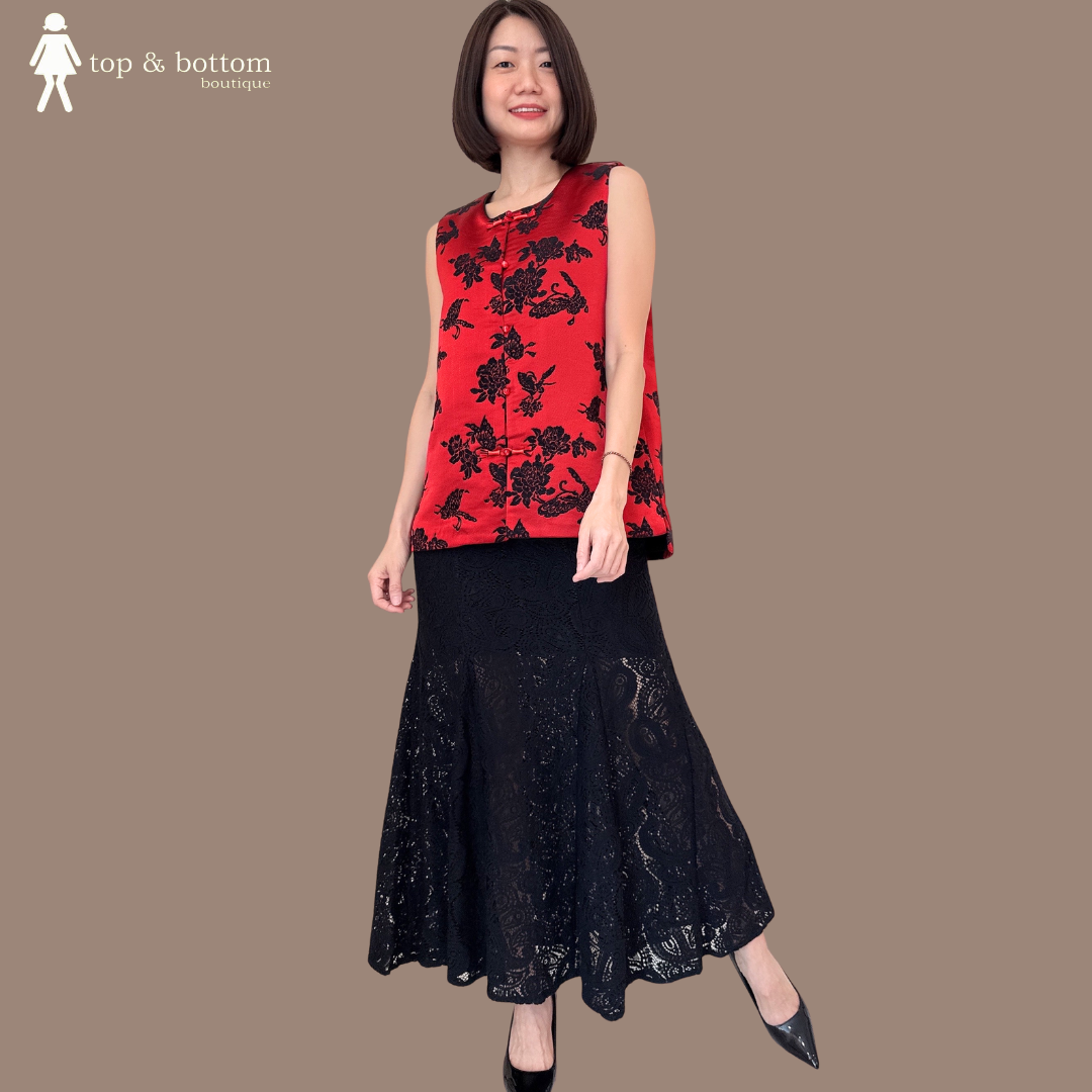 SATIN BLACK & RED FLORAL ORIENTAL VEST