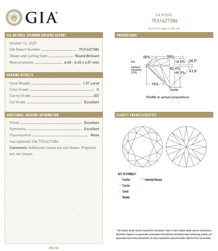 GIA鑽石 1.01 G SI2 3EX NON