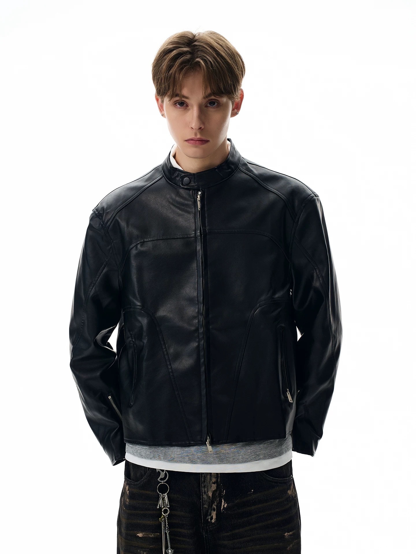 - SIMPLEACTION - 美式復古cleanfit立領皮外套