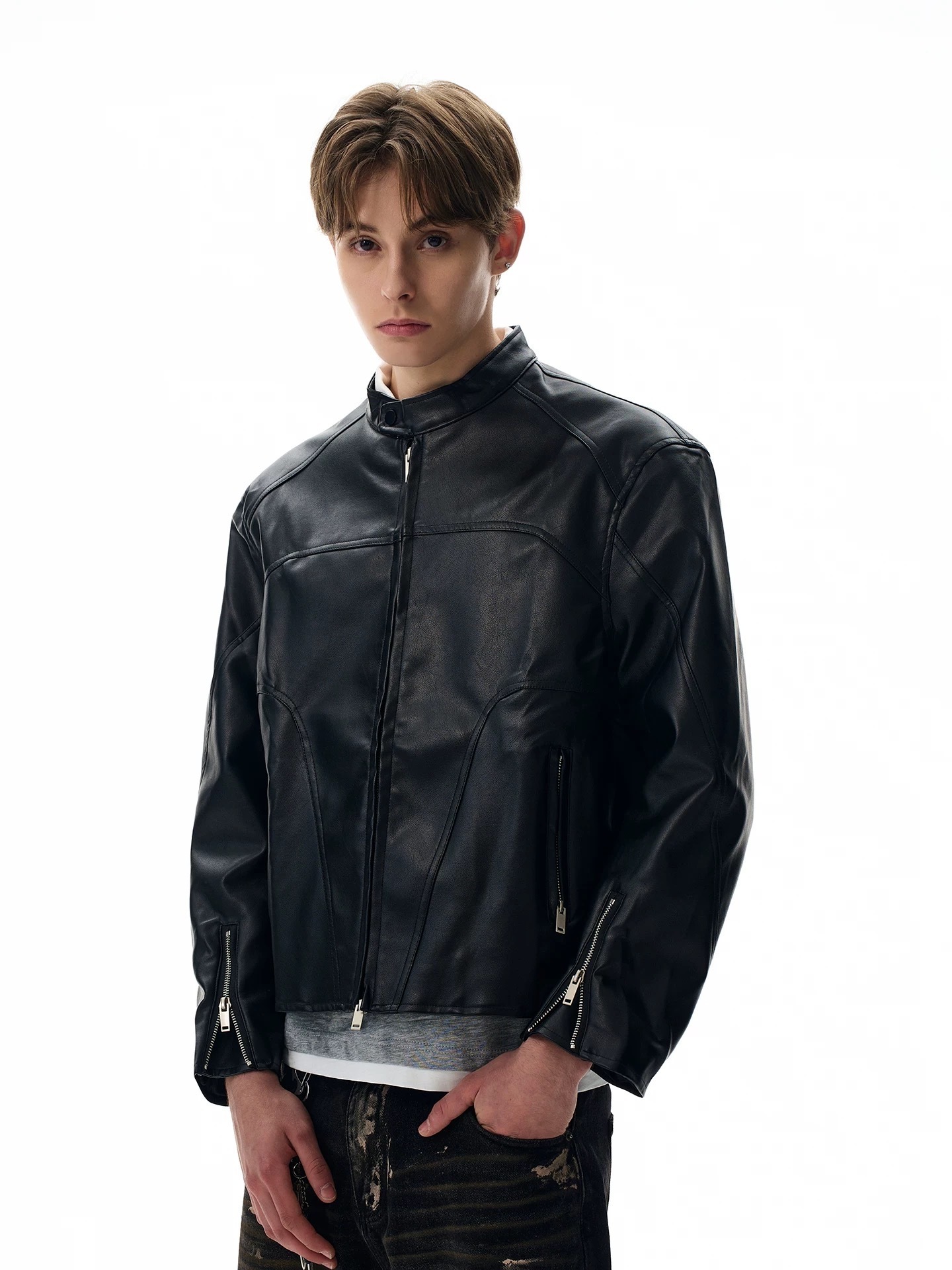 - SIMPLEACTION - 美式復古cleanfit立領皮外套