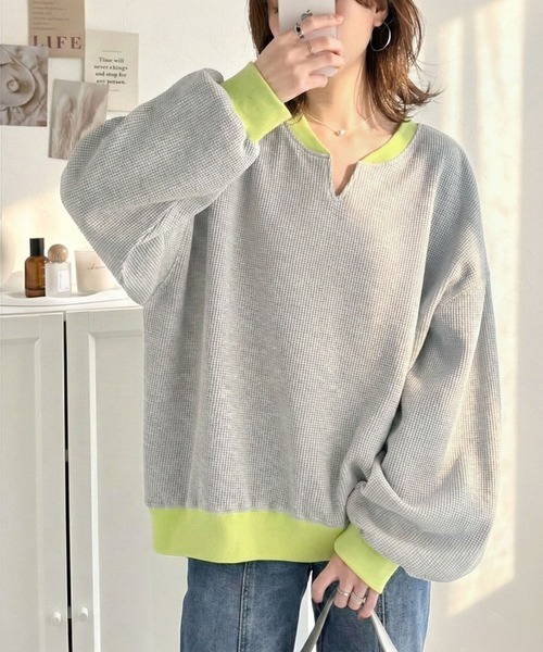 日本🇯🇵連線 Classical Elf 撞色小v領華夫格套頭衫 羅紋 華夫格 套頭衫 簡約 打底 內搭 長袖 4色(任買兩件711免運)/預購
