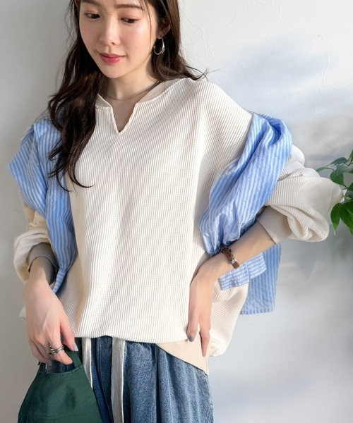 日本🇯🇵連線 Classical Elf 撞色小v領華夫格套頭衫 羅紋 華夫格 套頭衫 簡約 打底 內搭 長袖 4色(任買兩件711免運)/預購
