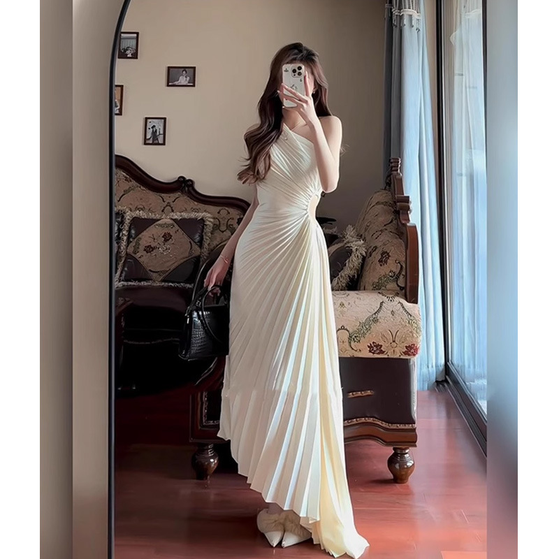 希臘女神 壓褶單肩長洋裝