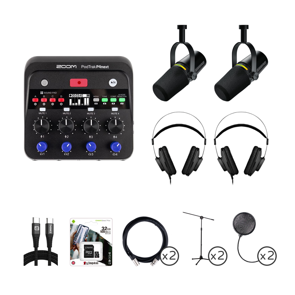 ZOOM PodTrak P4next & MV7+ 專業雙人 Podcast 錄音套組 (立式支架)