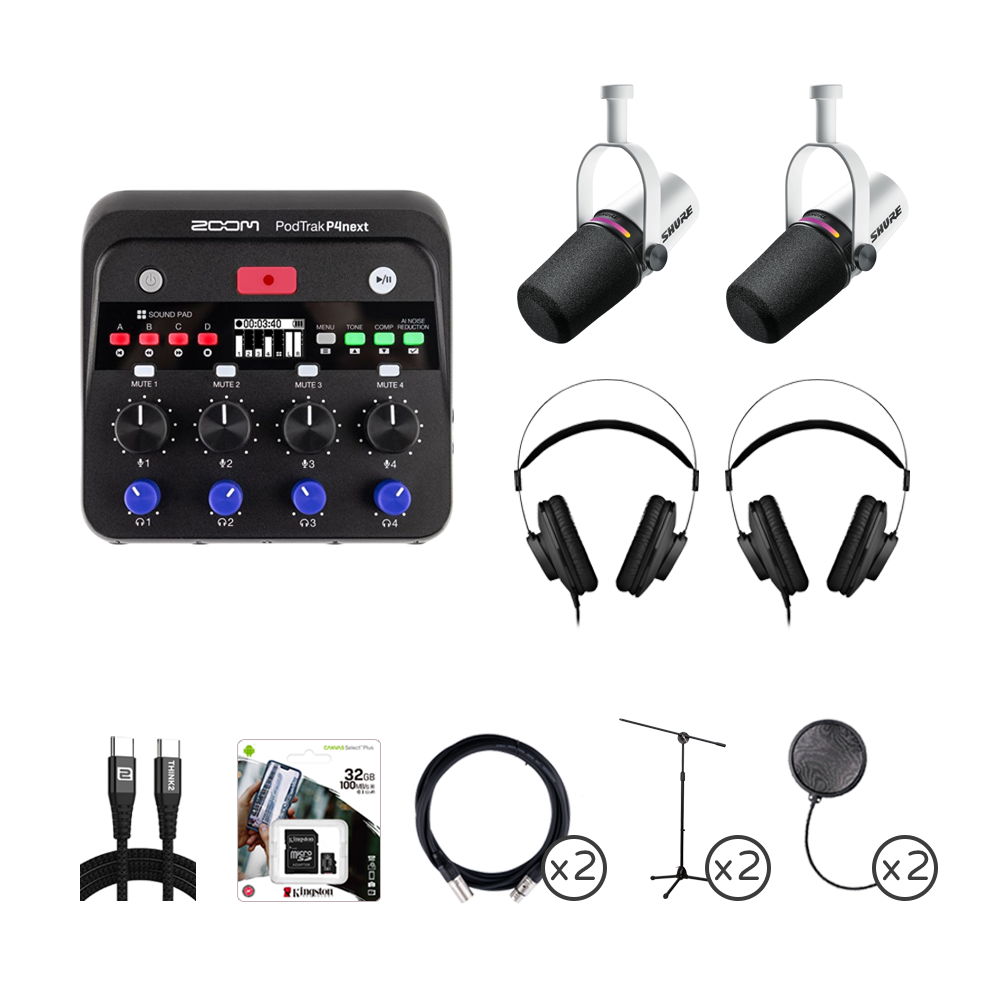 ZOOM PodTrak P4next & MV7+ 專業雙人 Podcast 錄音套組 (立式支架)