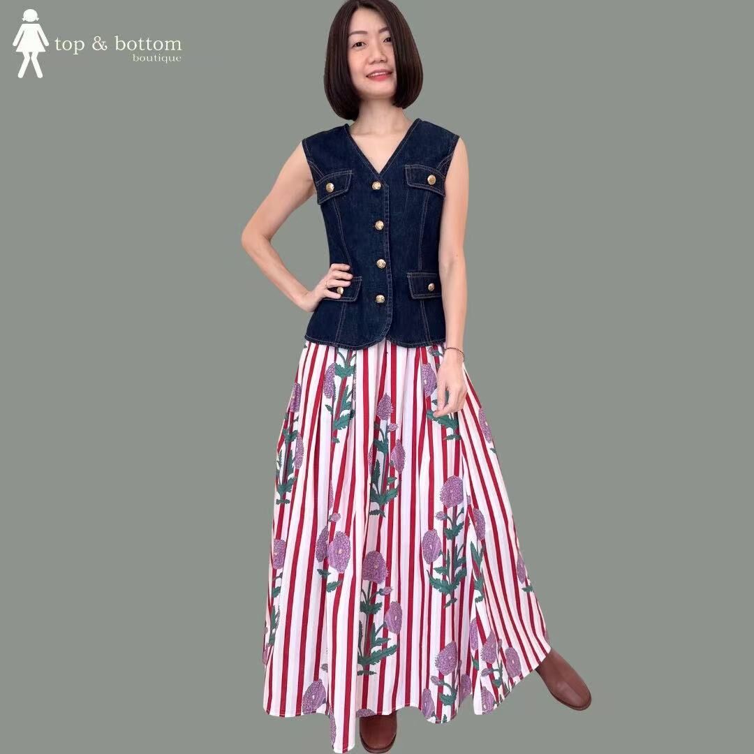 ELASTIC WAISTED COTTON STRIPED & FLOWER LONG SKIRT