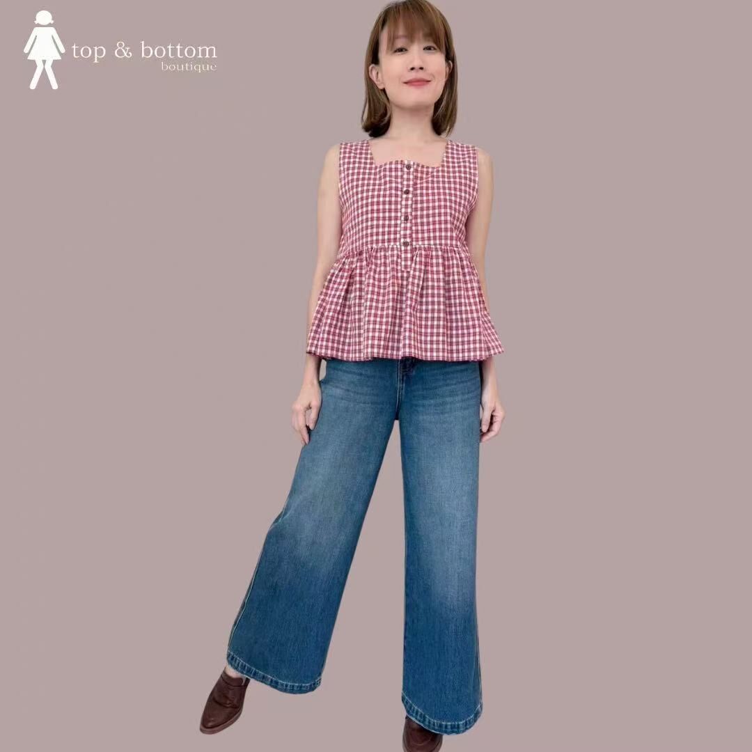 SLEEVELESS CHECKED BUTTON PEPLUM BLOUSE