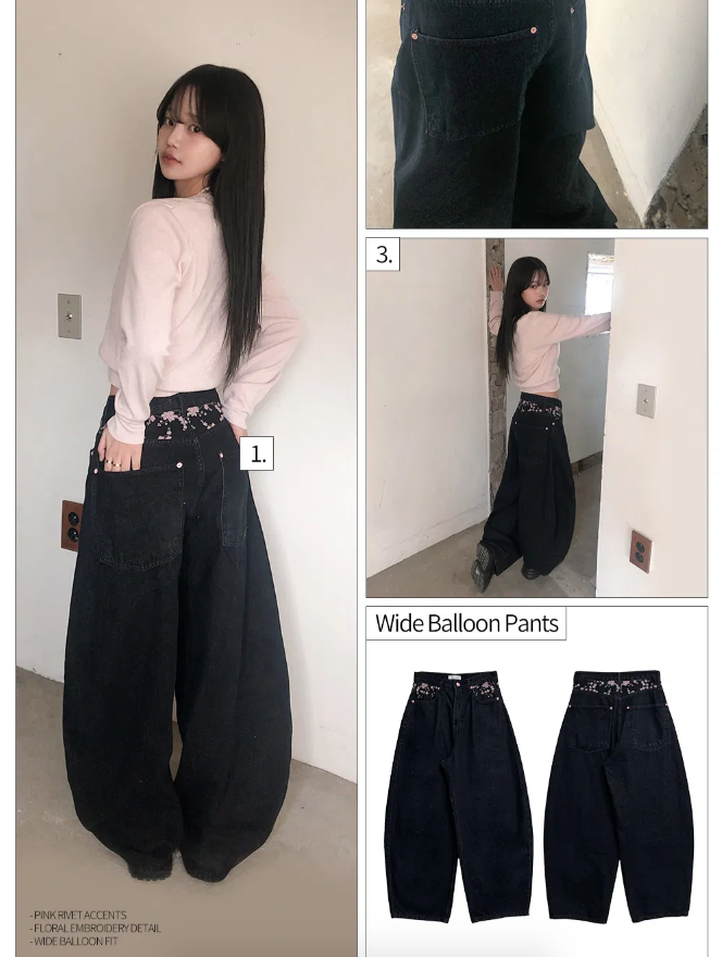 春季預訂｜高腰櫻花刺繡原色寬牛仔褲