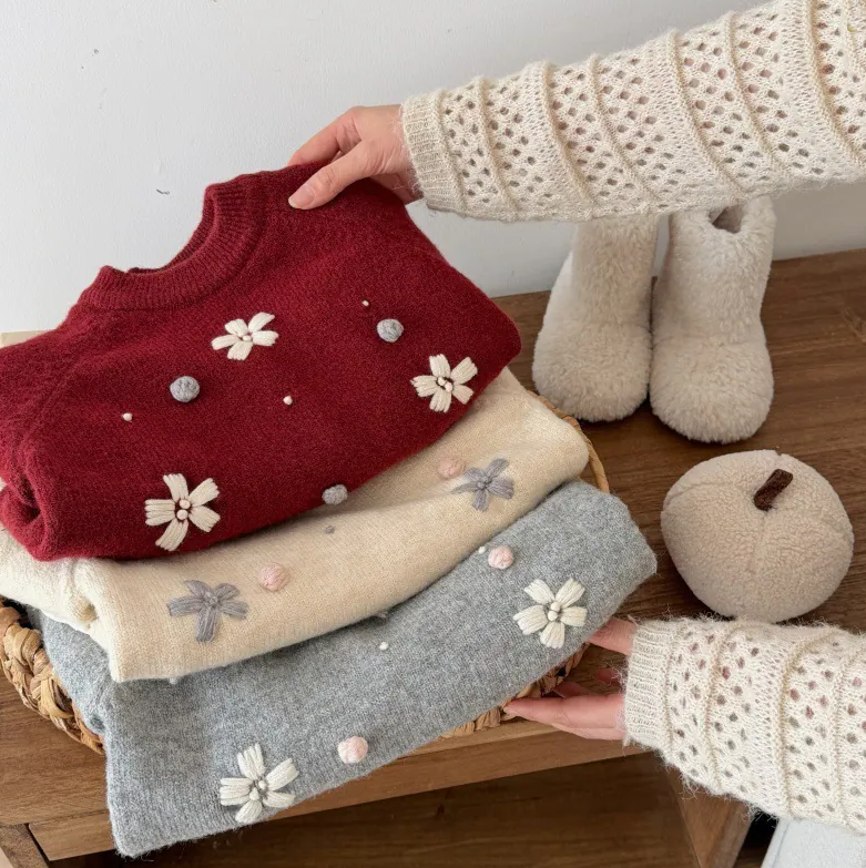 【H0326】女寶刺繡小花蕾絲下擺針織毛衣(90-130)