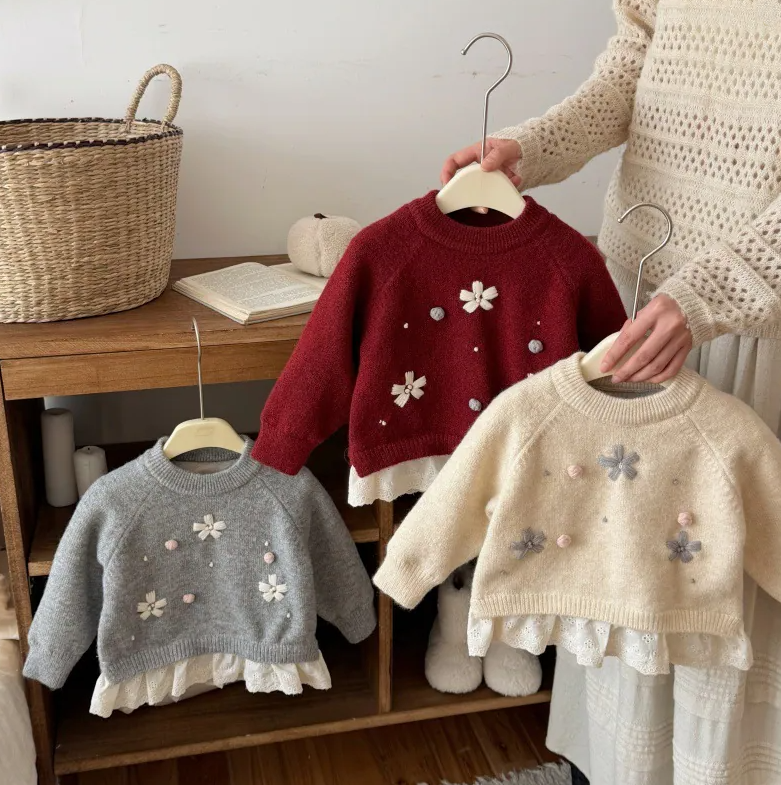 【H0326】女寶刺繡小花蕾絲下擺針織毛衣(90-130)