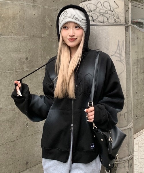 KANGOL / Fleece-lined logo patch double-zip hoodie