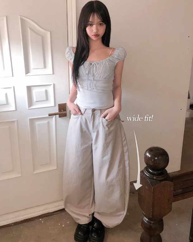 春季預訂｜高腰鉚釘口袋弧形寬腿燈籠褲