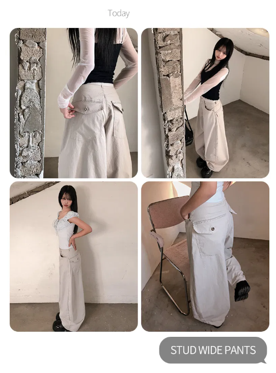 春季預訂｜高腰鉚釘口袋弧形寬腿燈籠褲