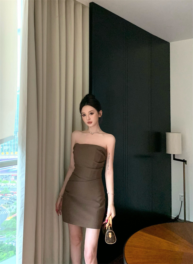 休閒小辣妹 魚骨平口洋裝(咖/奶杏)