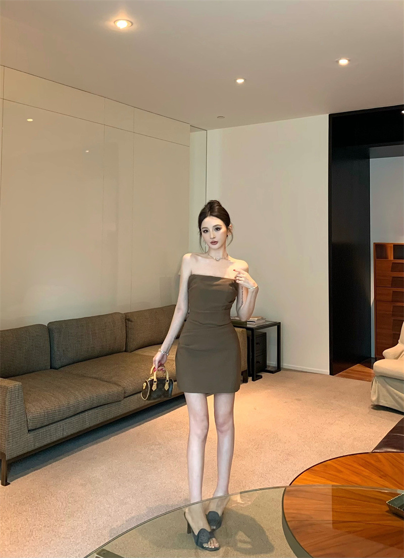 休閒小辣妹 魚骨平口洋裝(咖/奶杏)