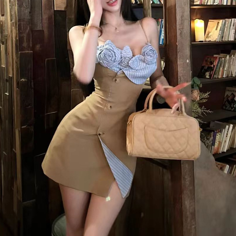 立體山茶花 收腰小洋裝(奶茶/黑)