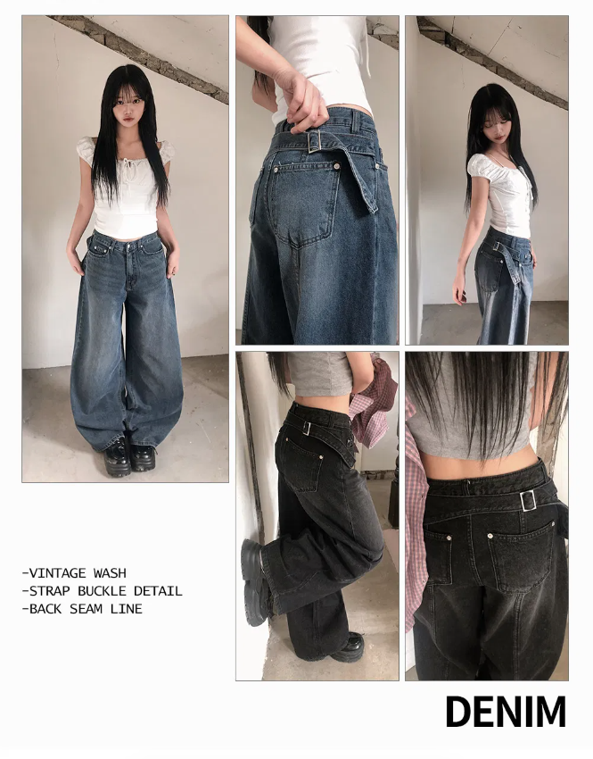 春季預訂｜高腰後繫帶扣闊腿牛仔褲