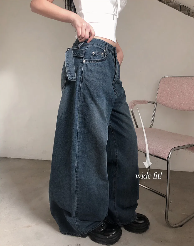 春季預訂｜高腰後繫帶扣闊腿牛仔褲