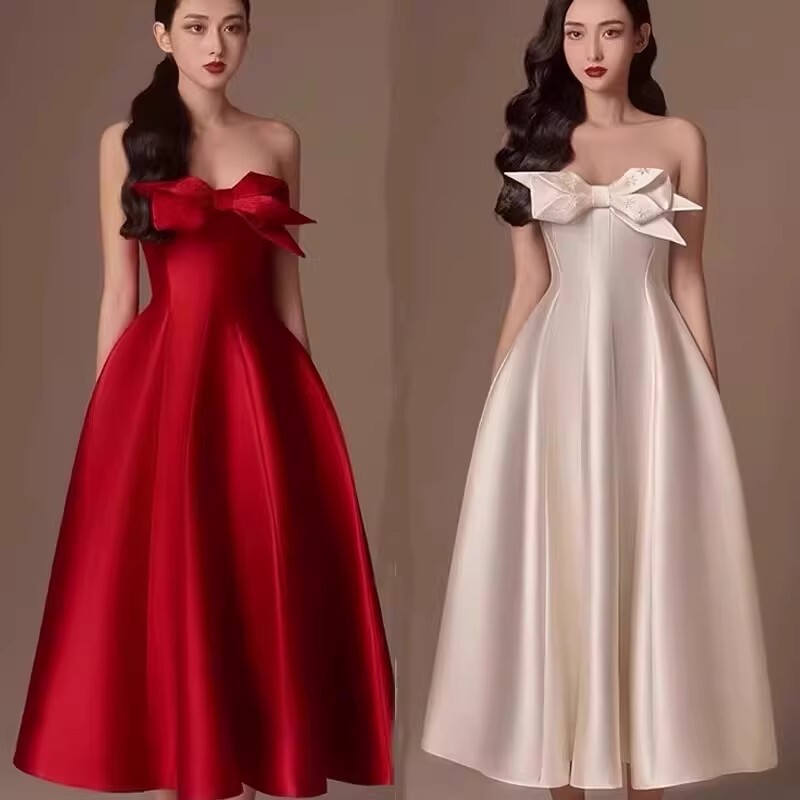挺版緞面 立體蝴蝶結平口禮服(紅/米白)