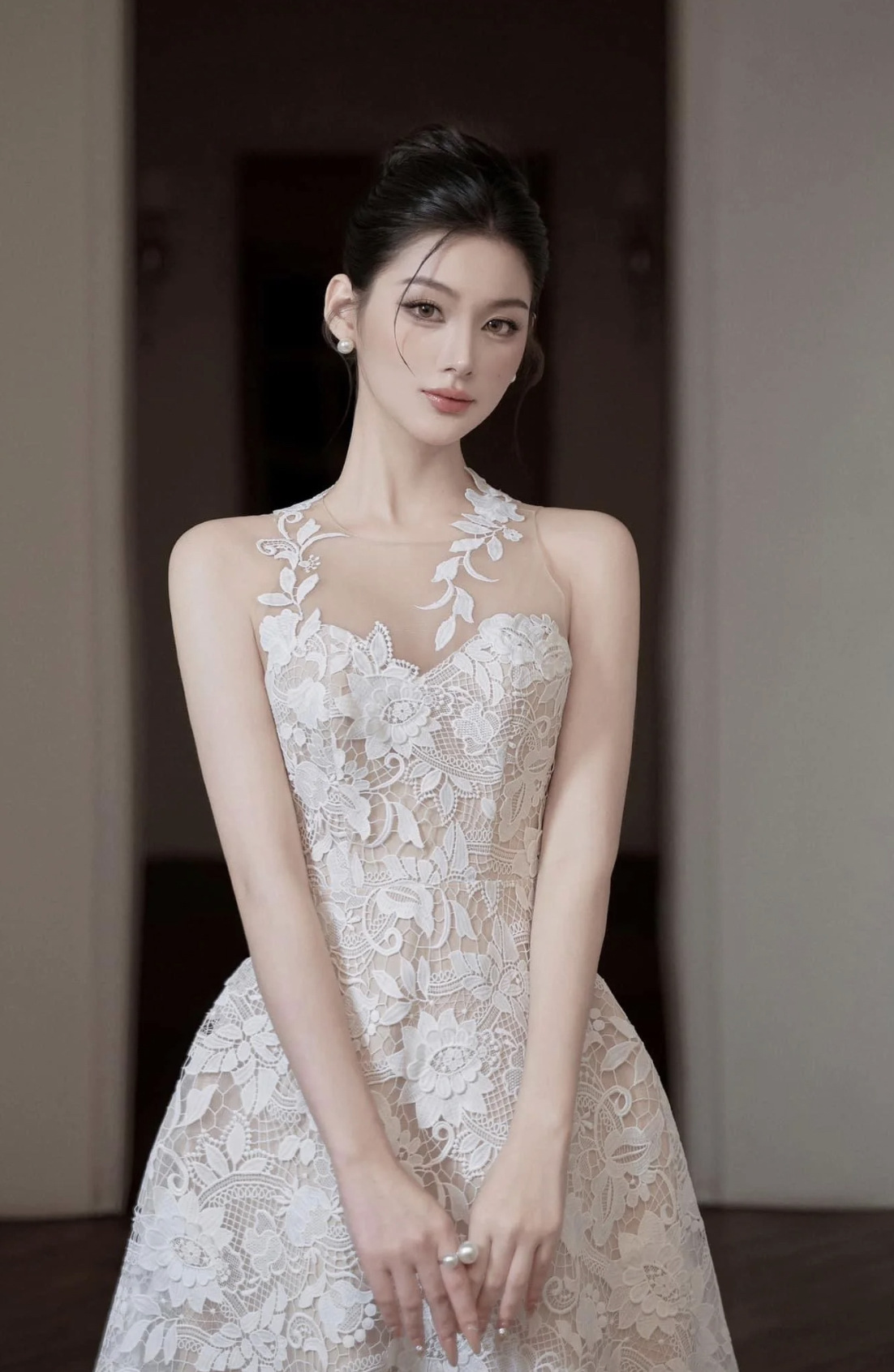 網紗拼接水溶蕾絲長禮服