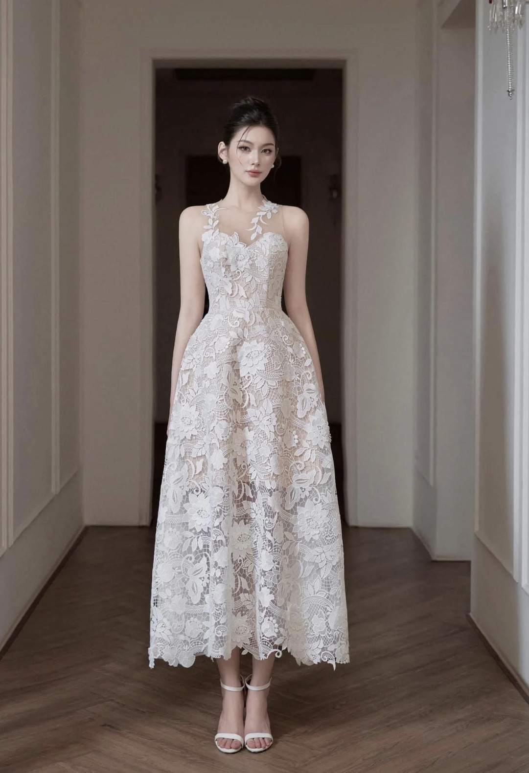 網紗拼接水溶蕾絲長禮服