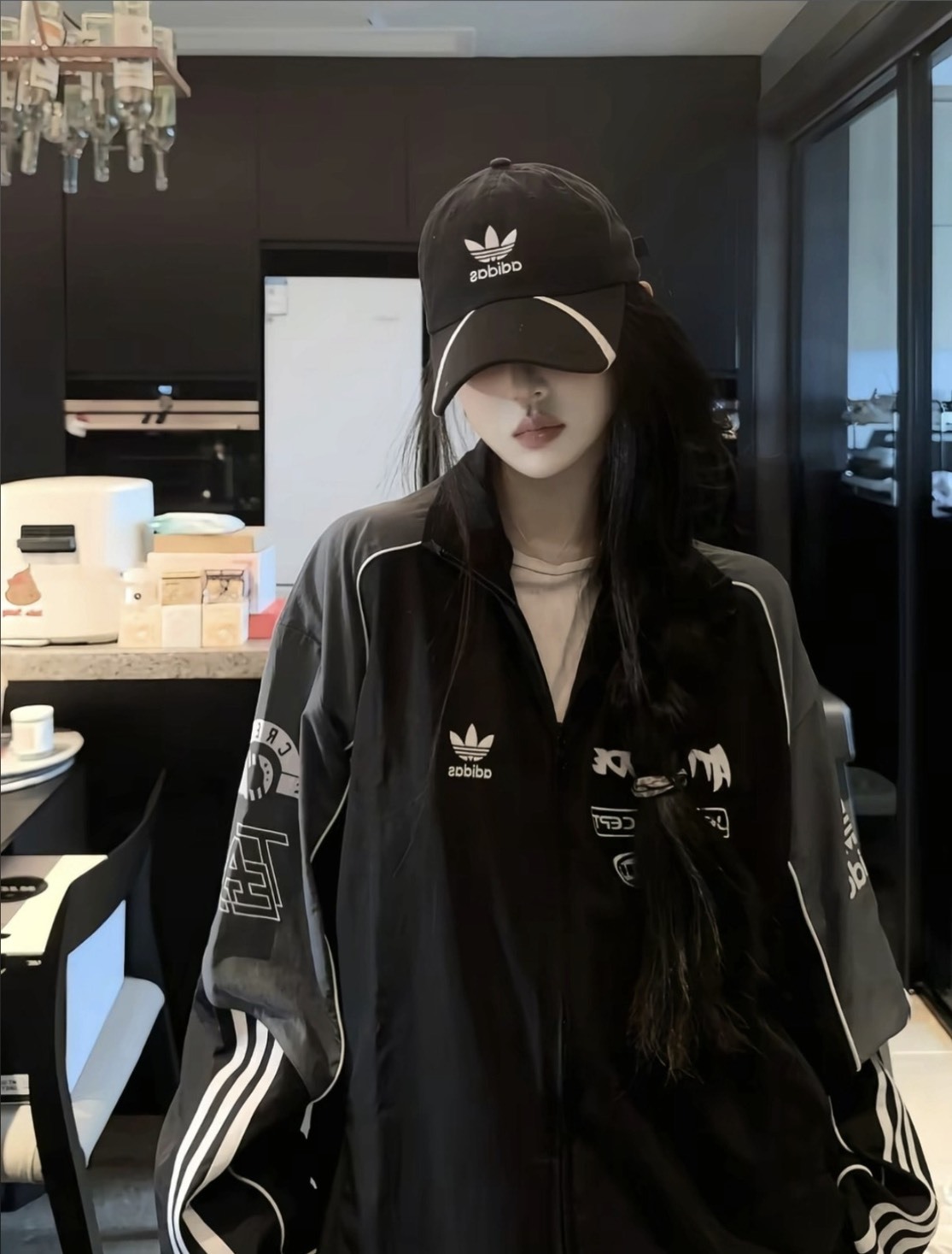 adidas黑色立領拼色運動外套 條紋復古夾克 寬鬆休閒機能外套 男款 July25