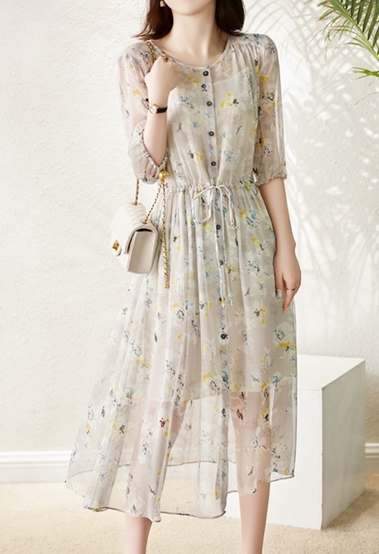 五分袖排釦印花洋裝 印花