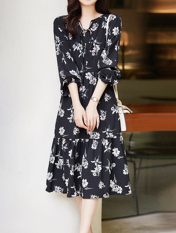 綁帶印花雪紡洋裝 黑色