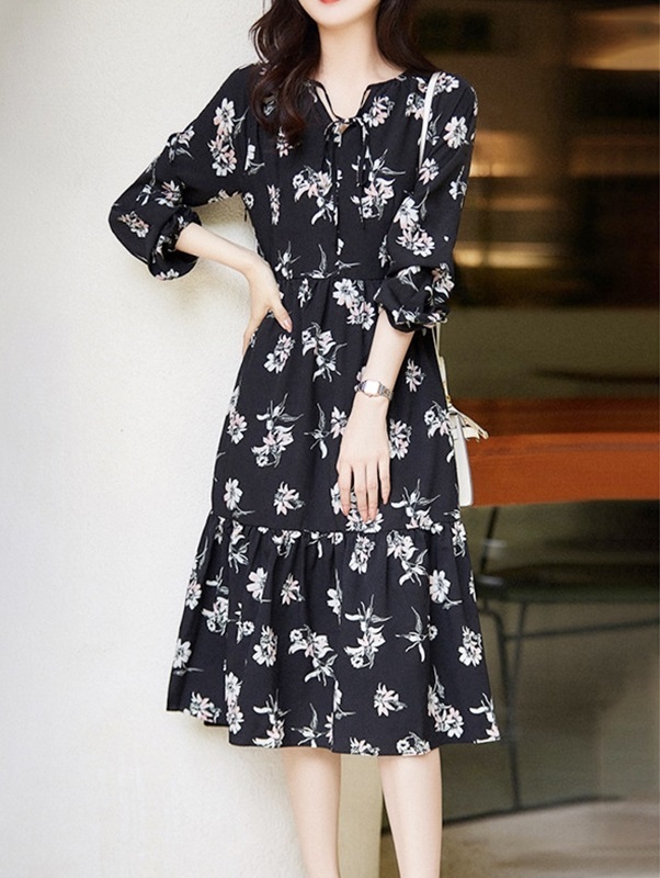 綁帶印花雪紡洋裝 黑色