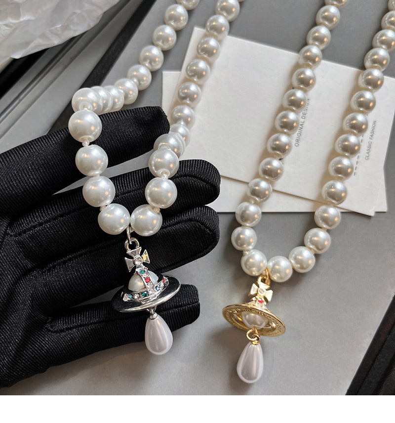 立體土星 珍珠項鍊(金/銀)