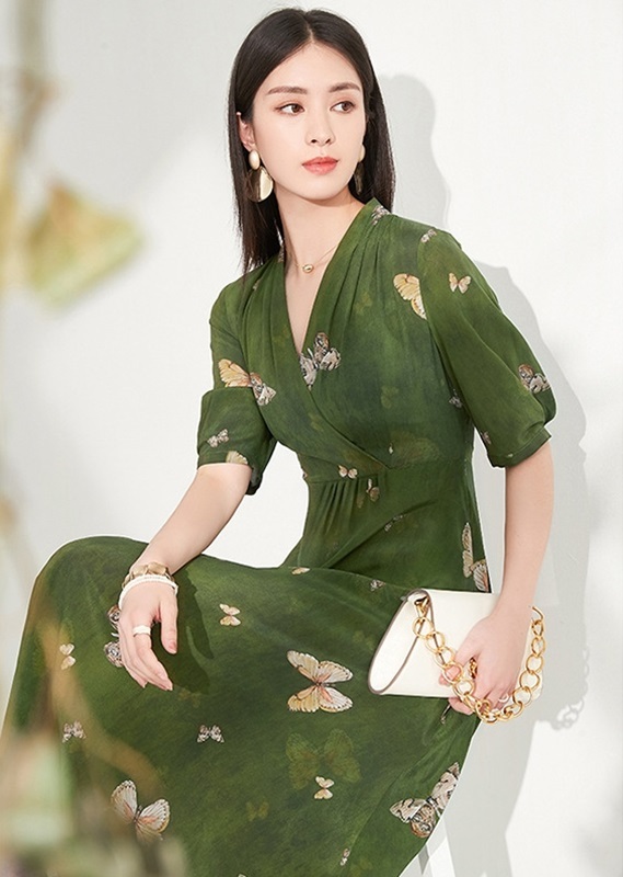V襟蝴蝶印花雪紡洋裝 綠色