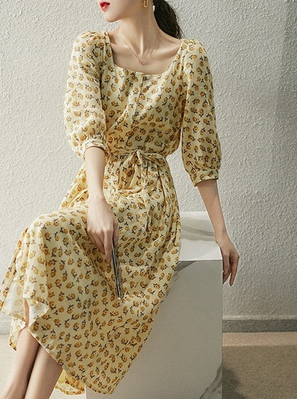 方領五分袖雪紡洋裝 黃色