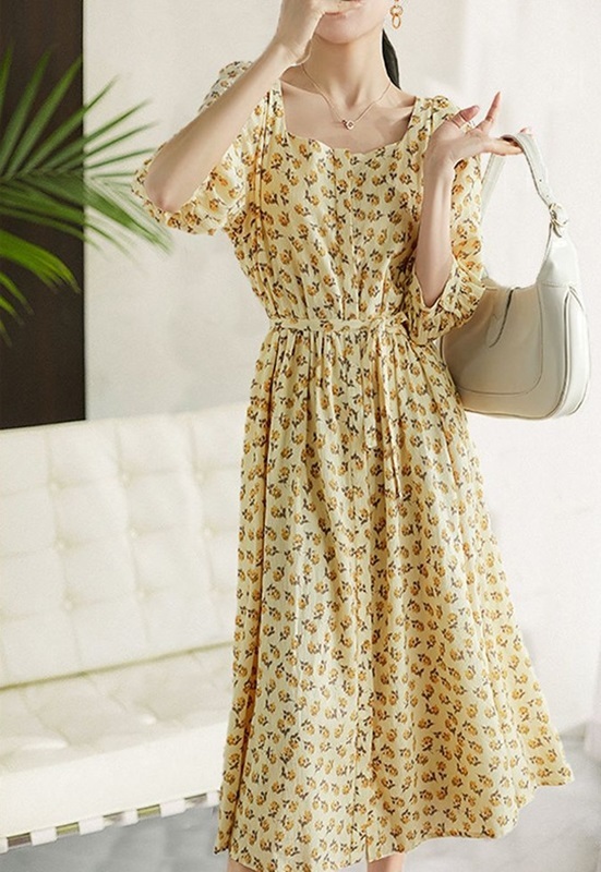 方領五分袖雪紡洋裝 黃色