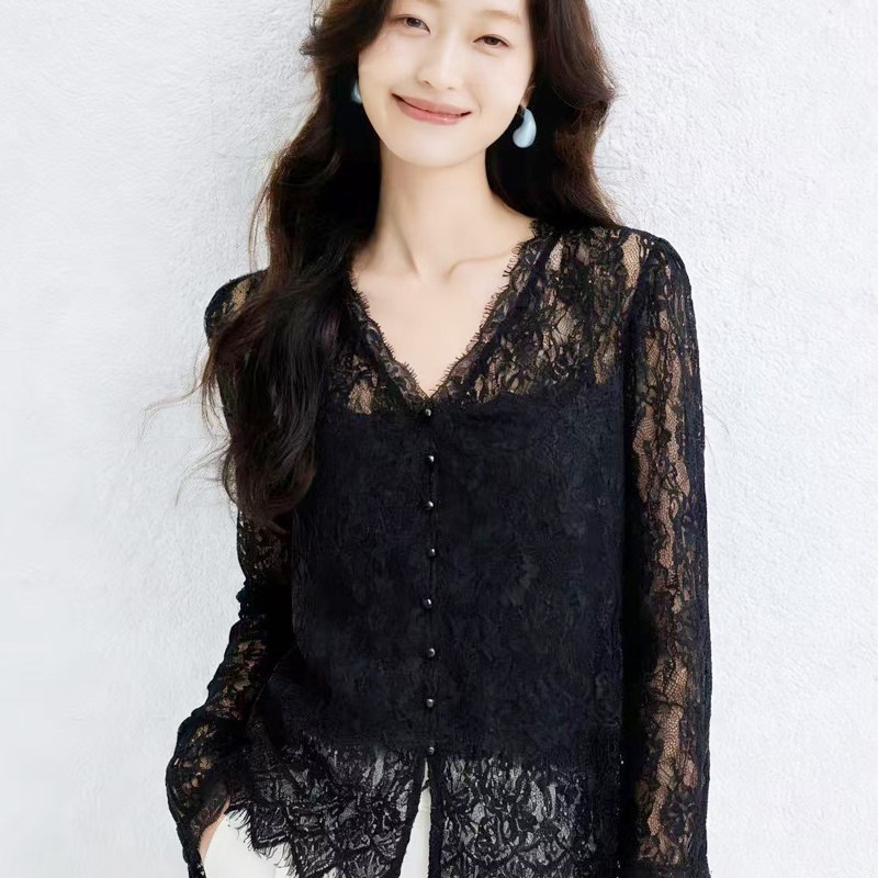 睫毛蕾絲雪紡上衣 兩色
