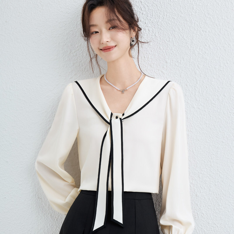 海軍領配色綁帶雪紡上衣 三色