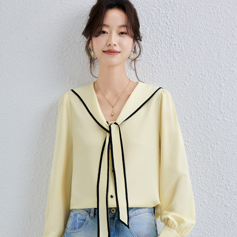 海軍領配色綁帶雪紡上衣 三色