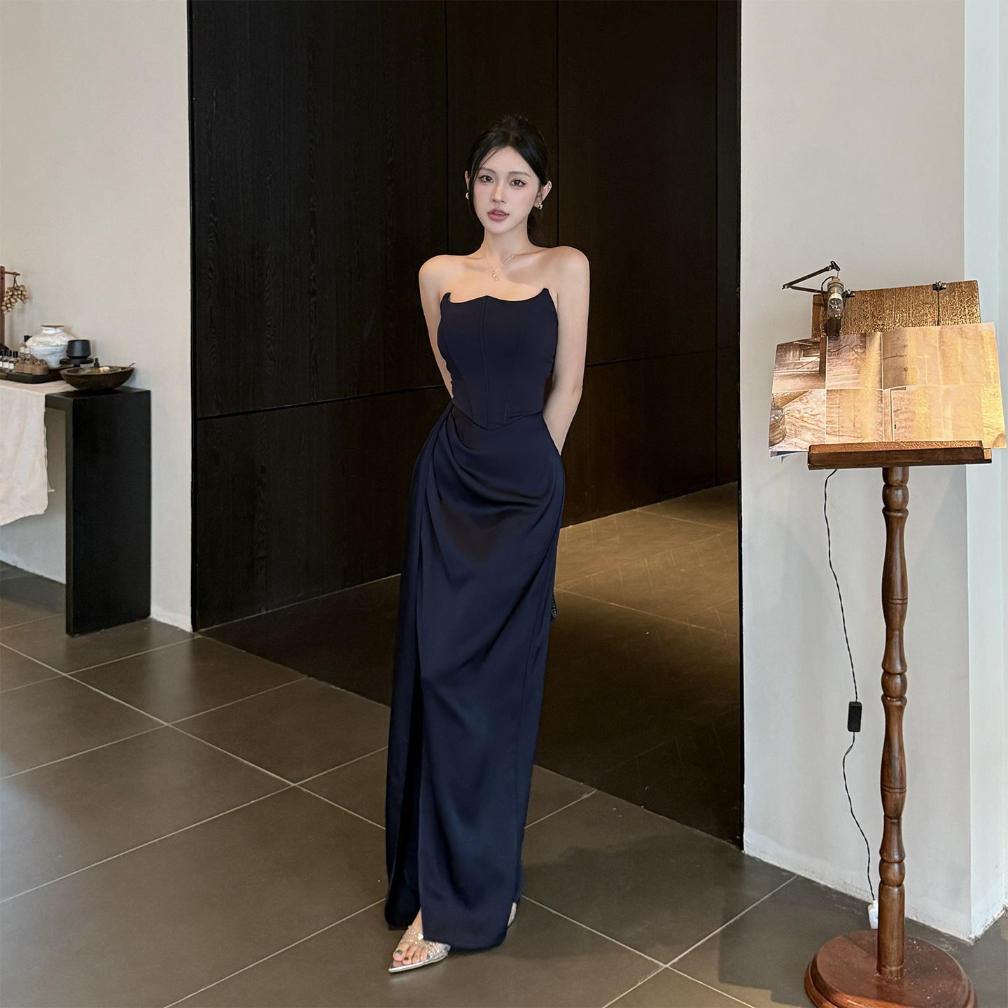 W馬甲拼接絲緞開衩長洋