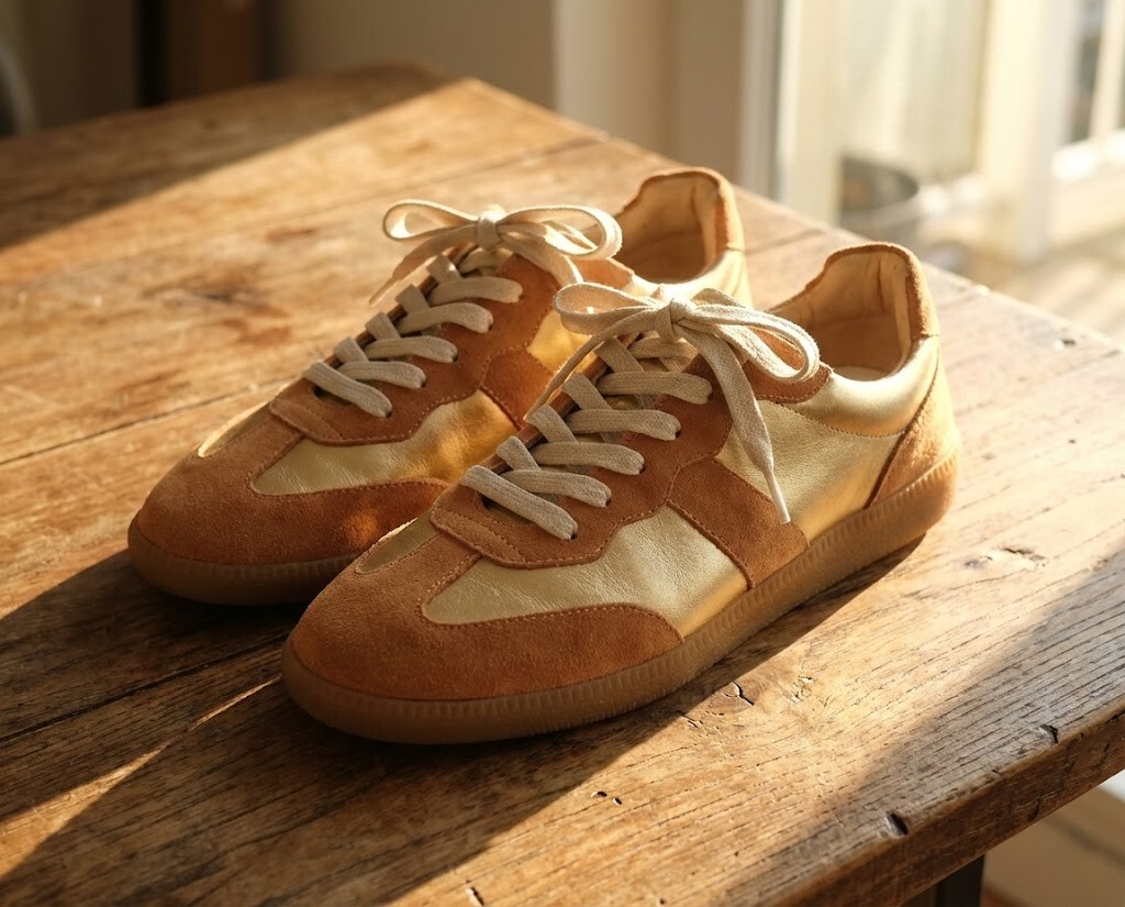 Sanly Joy 獨家特調香檳金皮革光澤展示,呈現如絲緞般的霧面微光質感,顯白不俗氣,打造高級感金屬色德訓鞋。