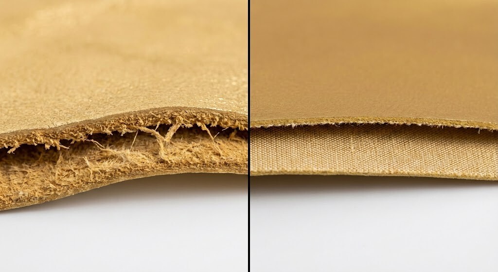 比較真皮金屬色與合成皮金屬色的差異,強調 Sanly Joy 使用真皮牛皮製作,具備柔軟透氣與耐用不掉皮的優勢。