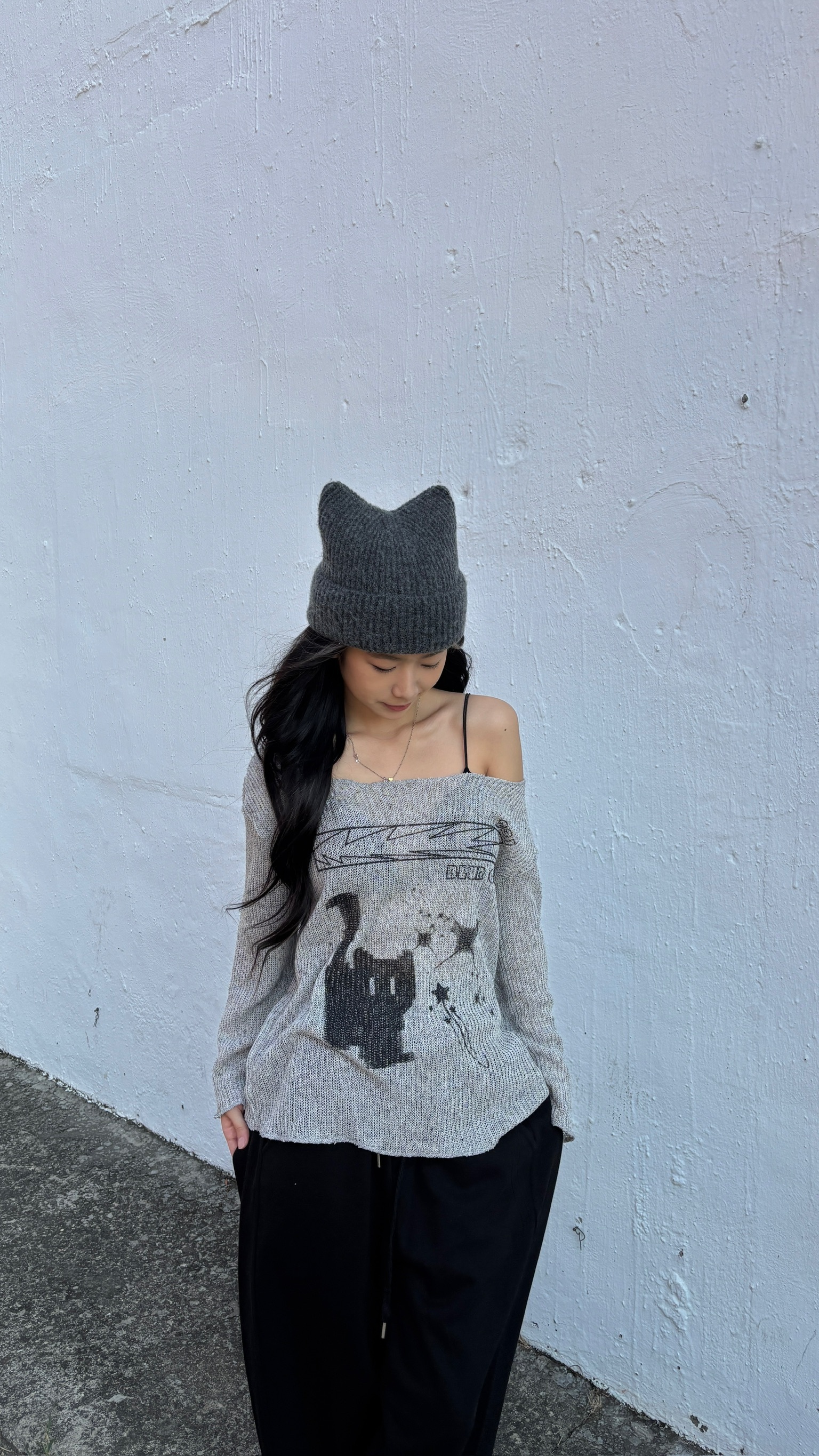 正韓 布魯克貓咪斜肩針織衫 (3colors)