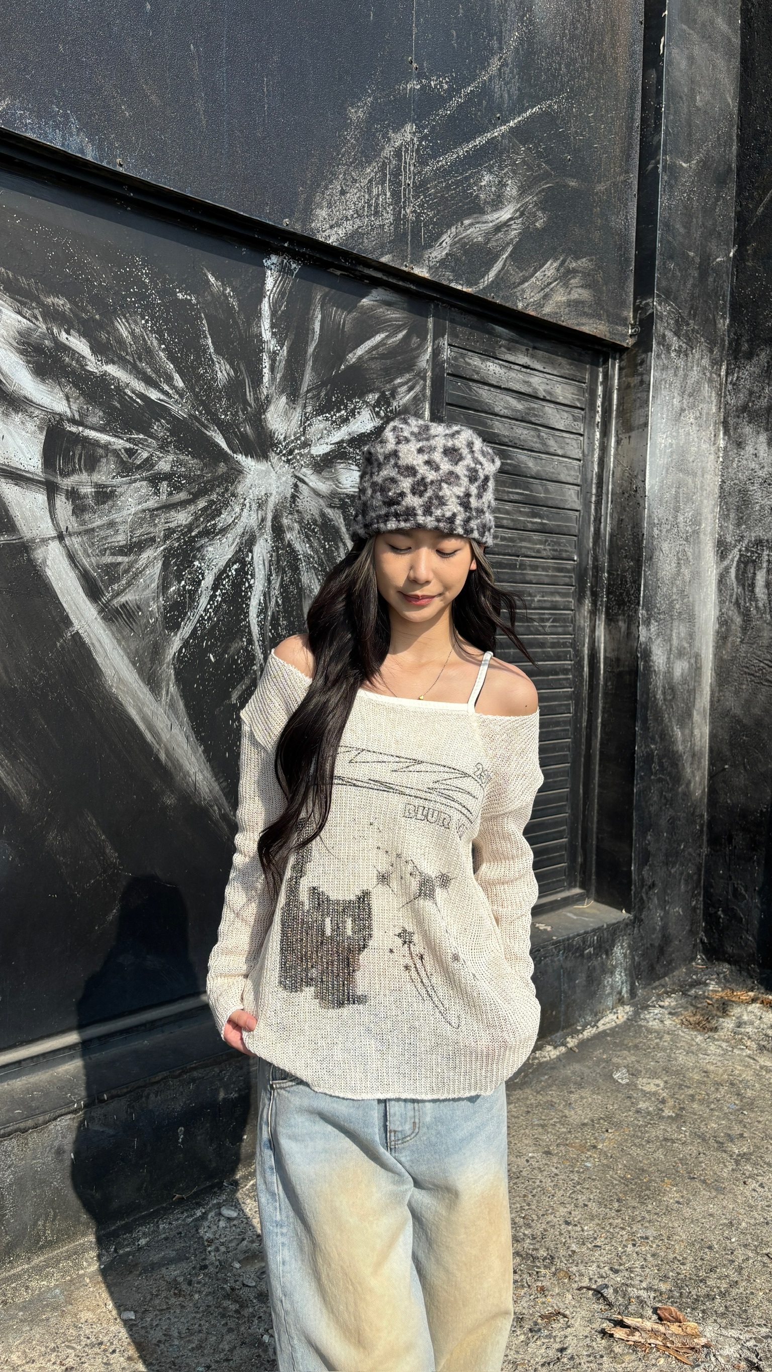 正韓 布魯克貓咪斜肩針織衫 (3colors)