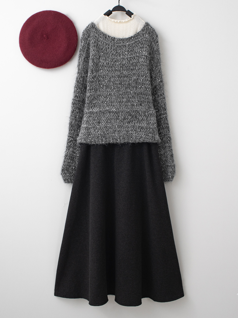織紋亮片紗毛衣針織棉A字長裙