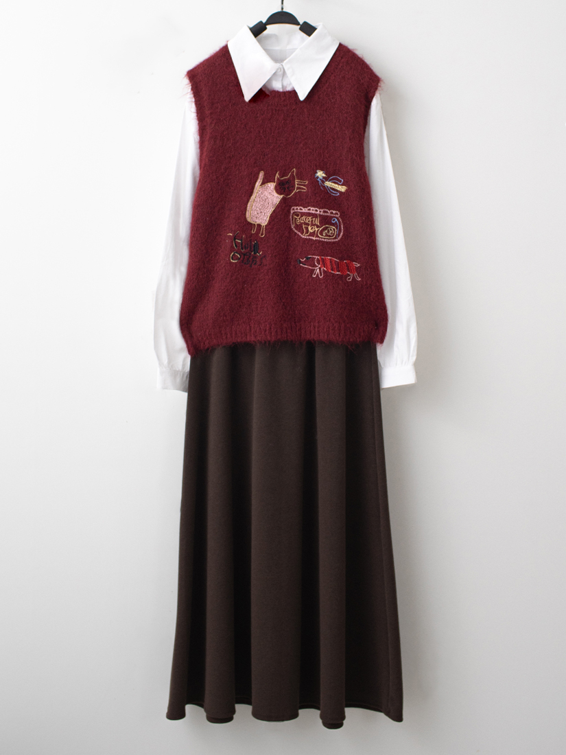 毛海鬆軟針織背心繡花襯衫針織棉A字長裙