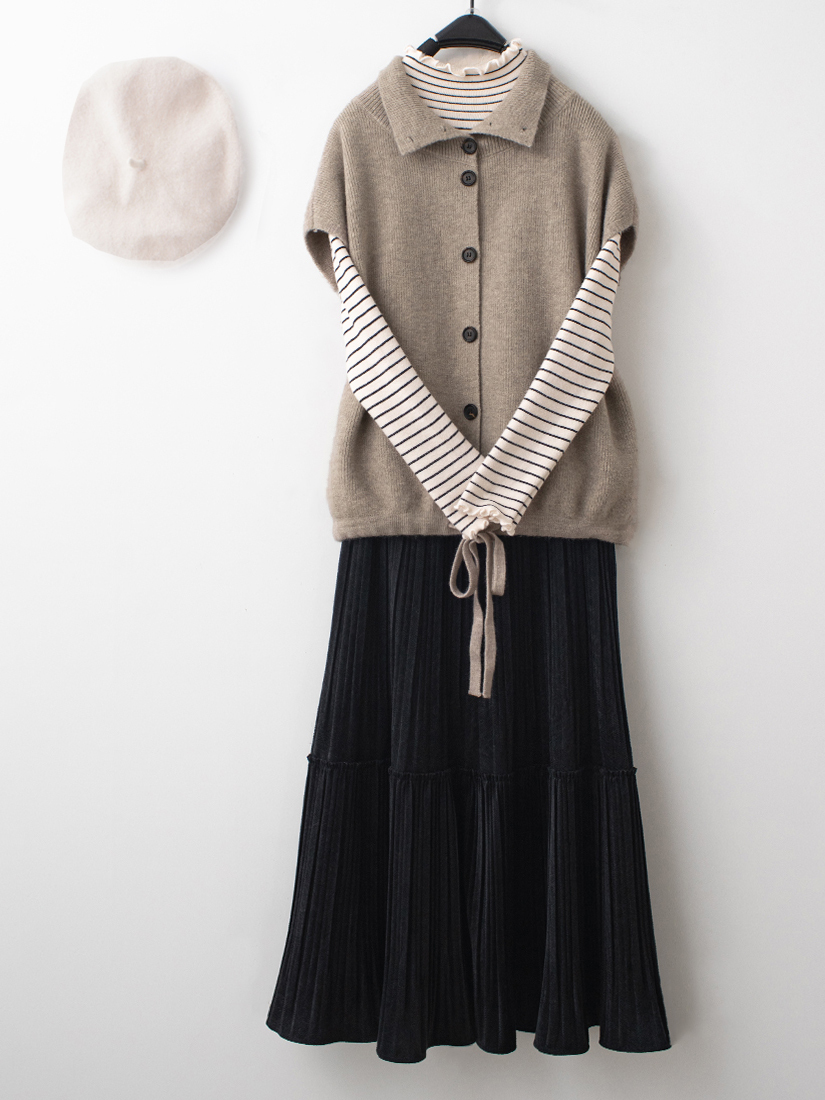 翻領排釦針織背心半高領加絨上衣壓褶絨裙