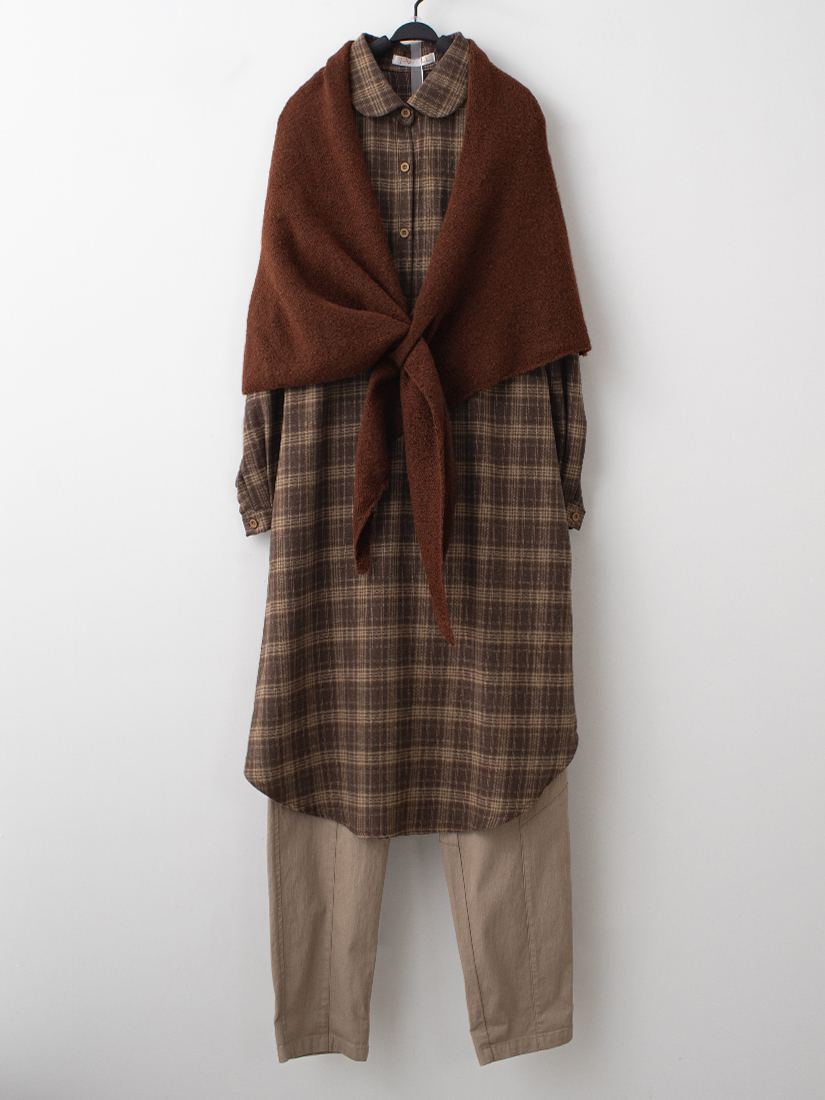 法蘭絨格紋洋裝貓咪口袋竹節棉牛仔九分褲