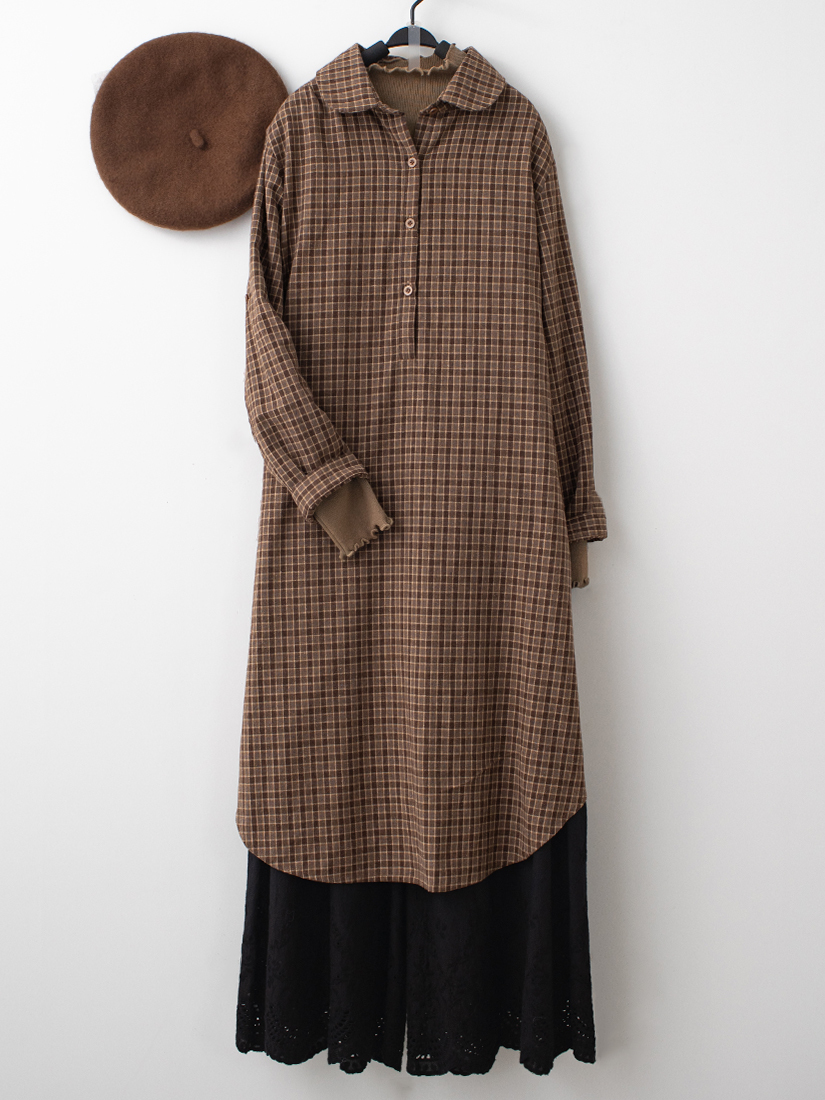 輕磨毛格紋洋裝繡花純棉柔軟寬褲