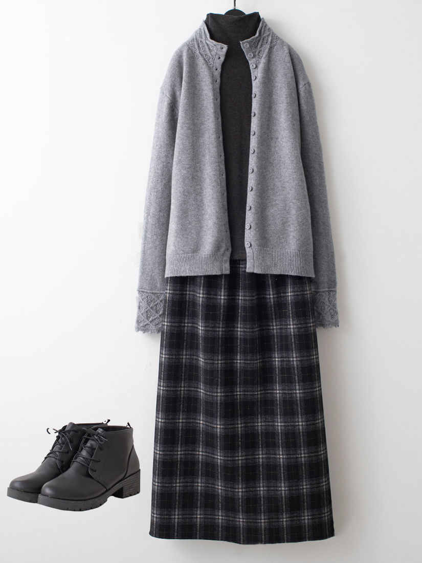 蕾絲棉柔針織外套磨毛棉絨內搭格紋開衩長裙