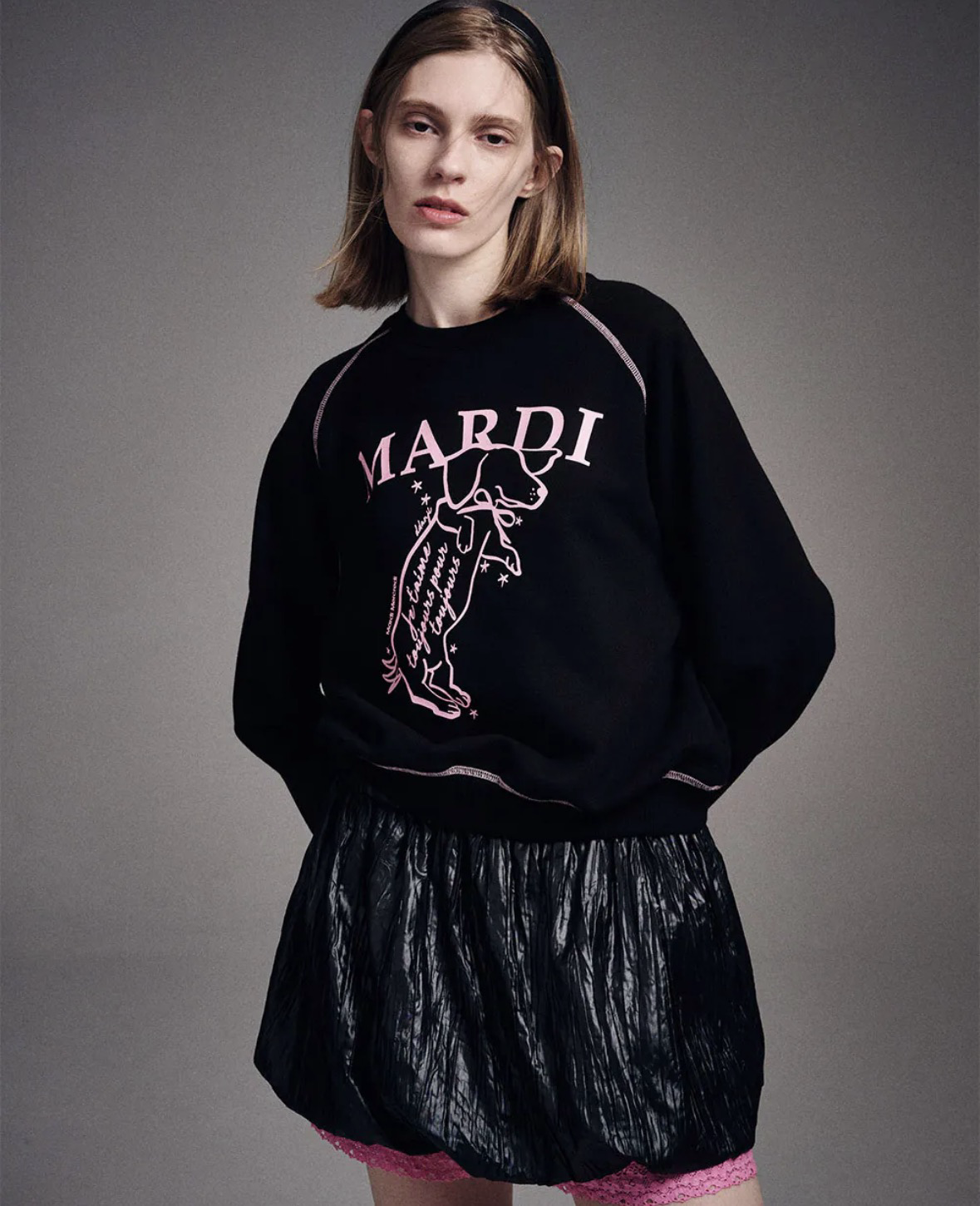 ［ Mardi Mercredi ］印花落肩大學T 黑色經典臘腸狗 蝴蝶結 純棉 SWEATSHIRT RAGLAN SWING THE TAIL DDANJI