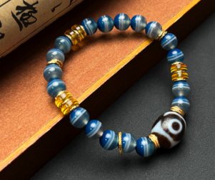 0205XZ36-西藏天珠-三眼藍沁一線手串（A36）